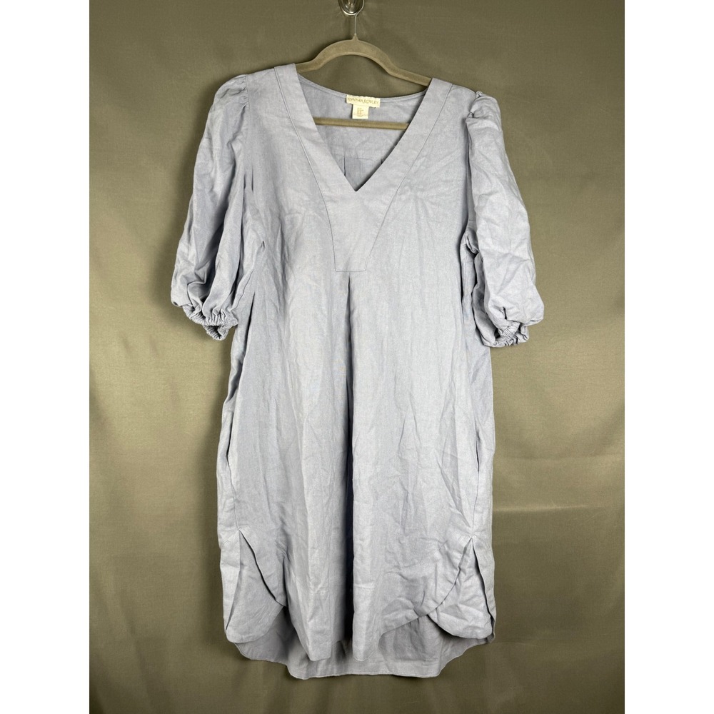 Cynthia Rowley Shift Dress Womens Medium Blue Linen Blend Puff Sleeve V-Neck